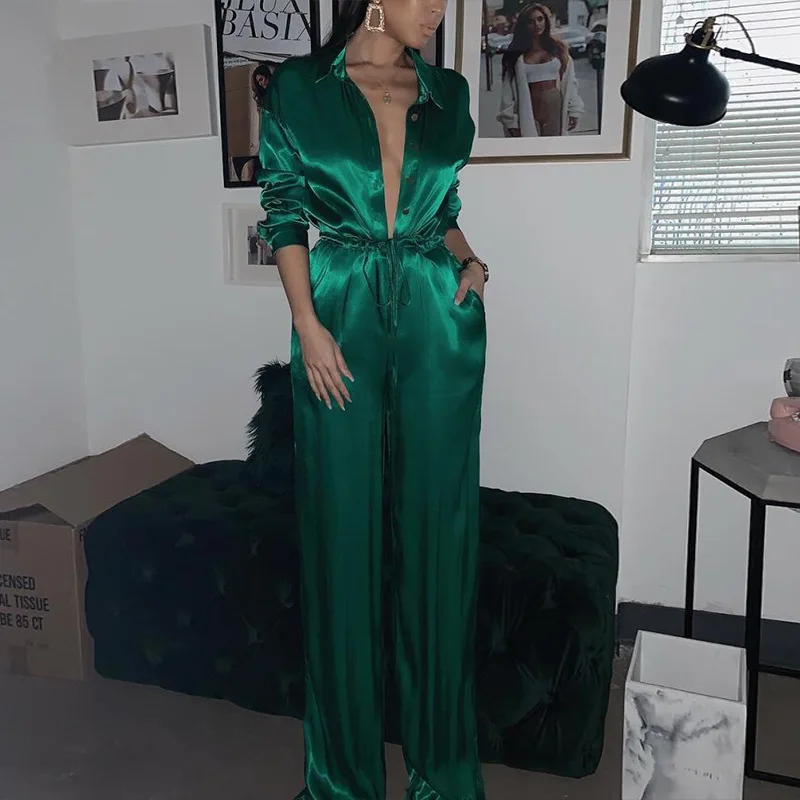 Women Satin Shirt Jumpsuits Deep V Neck Long Sleeve High Waist Jumpsuit Ladies Spring Autumn Casual Clothes
Women Satin Shirt Jumpsuits Deep V Neck Long Sleeve High Waist Jumpsuit Ladies Spring Autumn Casual Clothes