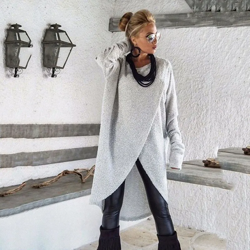 Autumn Fashion Women Long Sleeve Asymmetric Tops Casual O-neck Oversize Hem Irregular Loose Solid Knitted Pullover |