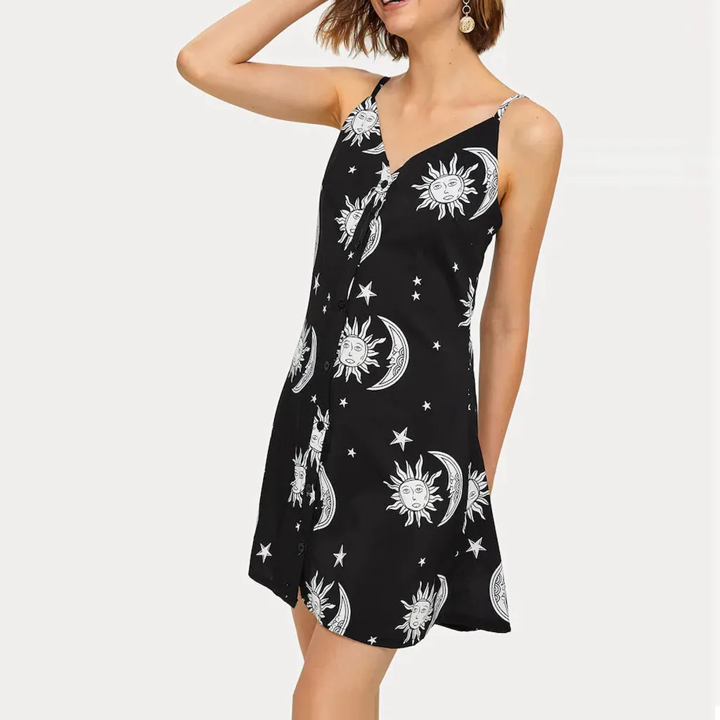 Fashion Women Straps Casual Sleeveless Sun And Moon Print Black Camisole Mini Dress Loose Summer Clothing Girl's Female Dresses
Fashion Women Straps Casual Sleeveless Sun And Moon Print Black Camisole Mini Dress Loose Summer Clothing Girl's Female Dresses