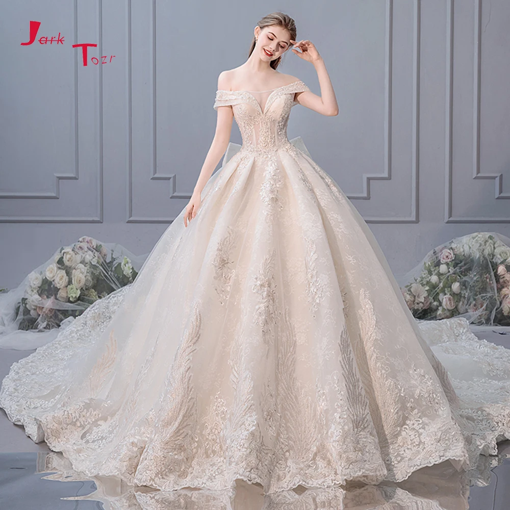 Vestido de Noiva Boat Neck Luxury Ball Gown Wedding Dresses Beading Appliques Lace Up Back Vintage Robe Mariee Gelinlik | Свадьбы и