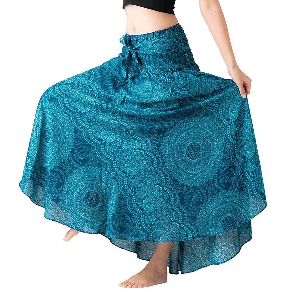 

Women Long Hippie Bohemian Style Gypsy Boho Flowers Printing Elastic Waist Floral Halter Skirt Big Swing Beach skirt Faldas #DX