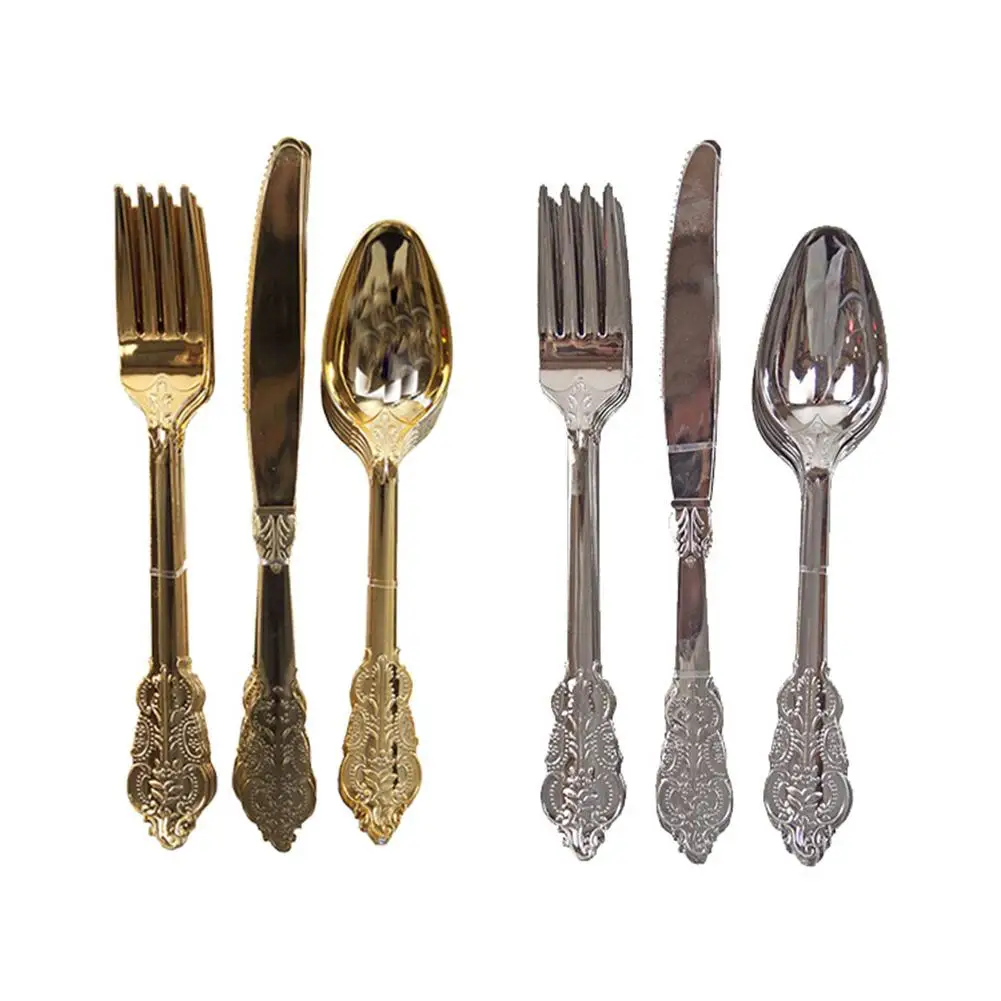 12PCS Disposable Imitation Metal Plastic Gold Silver Carved Embossed Disposable Cutlery Western Wedding Party Tableware Set
12PCS Disposable Imitation Metal Plastic Gold Silver Carved Embossed Disposable Cutlery Western Wedding Party Tableware Set
