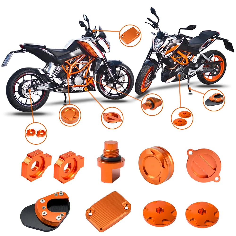 Engine Plug Oil Filter Cap Front Master Cylinder Cover Kickstand Pad Rear Axle Adjuster Blocks For KTM Duke 390 2011-2018
Engine Plug Oil Filter Cap Front Master Cylinder Cover Kickstand Pad Rear Axle Adjuster Blocks For KTM Duke 390 2011-2018