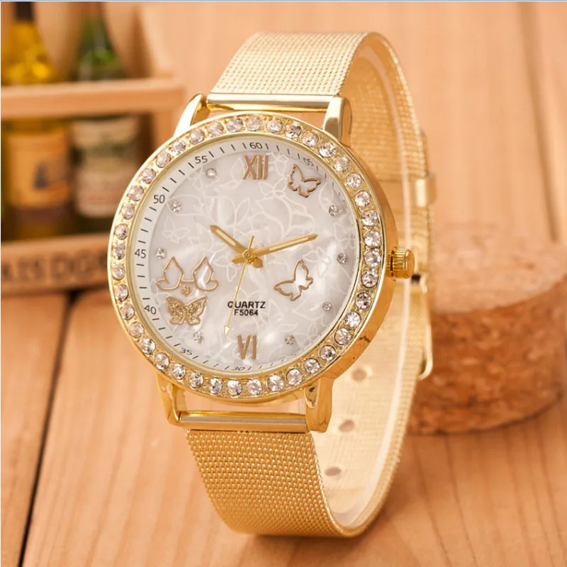 Фото Женские наручные часы с кристаллами и золотыми бабочками из нержавеющей стали