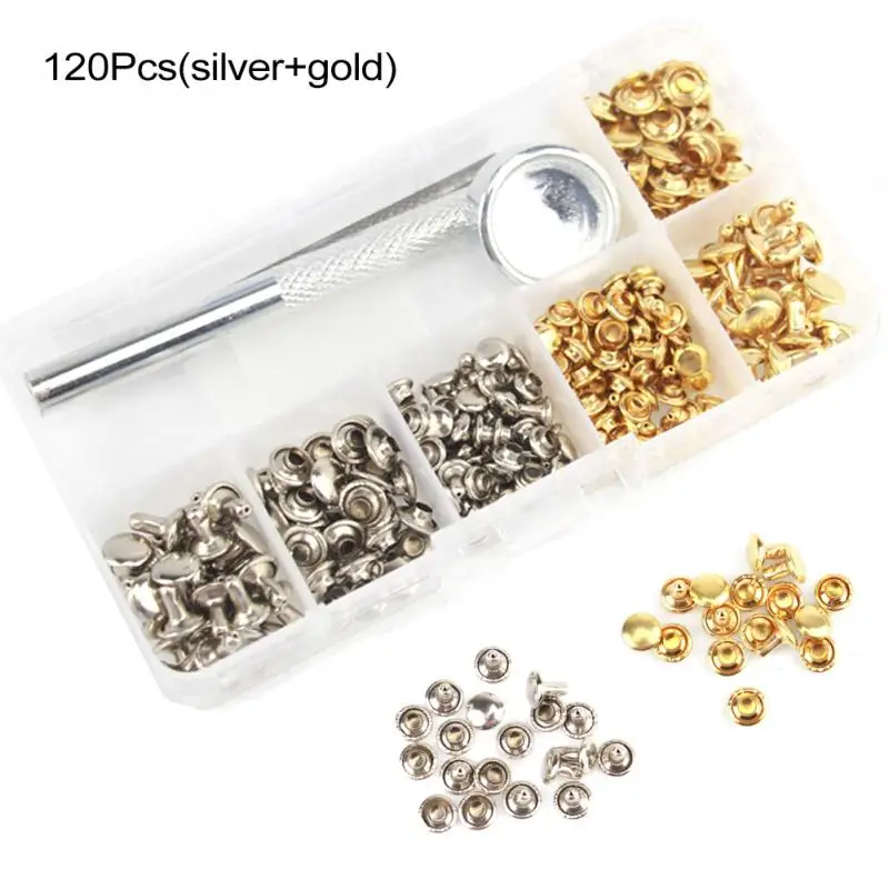 120pcs set Silver And Gold With rivet Setting Tool Kit Double Cap Leather Copper Rivets 3 Sizes with storage box
120pcs set Silver And Gold With rivet Setting Tool Kit Double Cap Leather Copper Rivets 3 Sizes with storage box