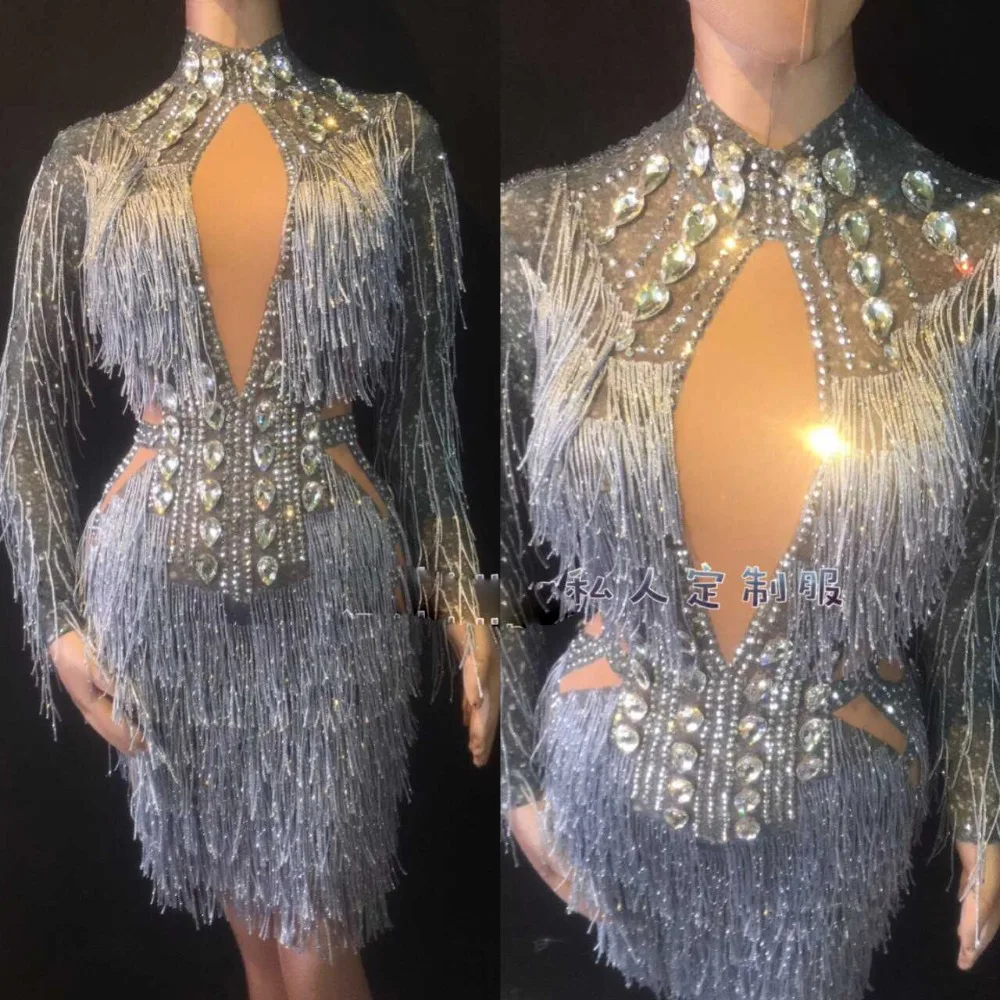 Sparkly Silver Rhinestones Dress Women Birthday Celebrate Costume Female Singer Bling Tassel Dresses DJ Performance Dance Outfit
Sparkly Silver Rhinestones Dress Women Birthday Celebrate Costume Female Singer Bling Tassel Dresses DJ Performance Dance Outfit