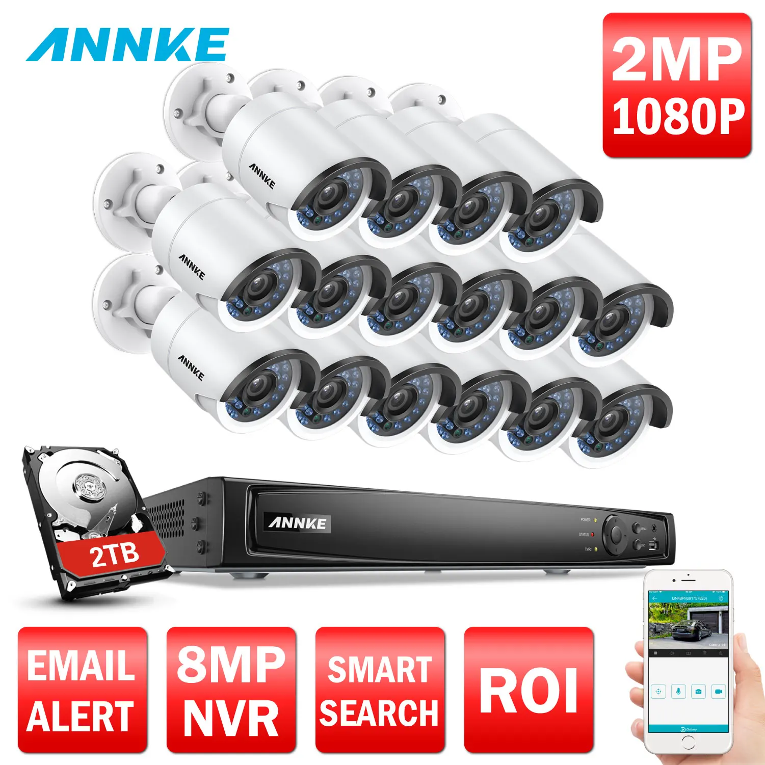 

ANNKE 16CH 8MP Ture POE NVR Security Camera System 16pcs 2.0MP IP66 Weatherproof IP Cameras IR Night Vision CCTV Kit