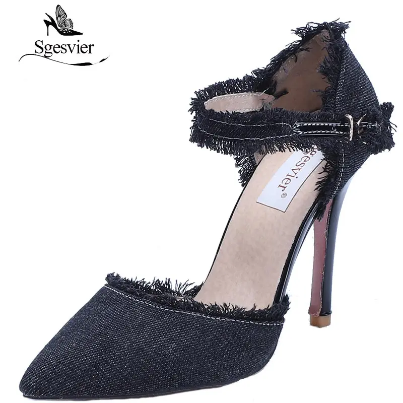 

SGESVIER Denim Women's Shoes High Heels Women Pumps Big Size 31-47 Ladies Gladiator Party Shoes Zapatos Feminina Shallow OX185