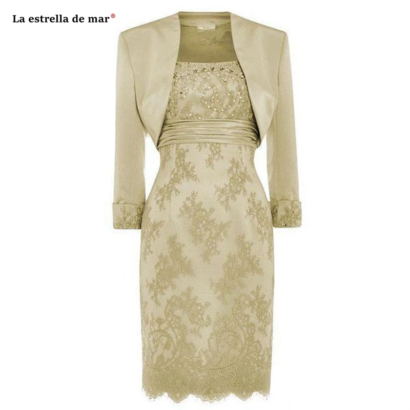 Vestidos de madrina2019 new lace satin 2 pieces long sleeve gold silver navy blue lilac robe mere de la mariee Tea Length
Vestidos de madrina2019 new lace satin 2 pieces long sleeve gold silver navy blue lilac robe mere de la mariee Tea Length