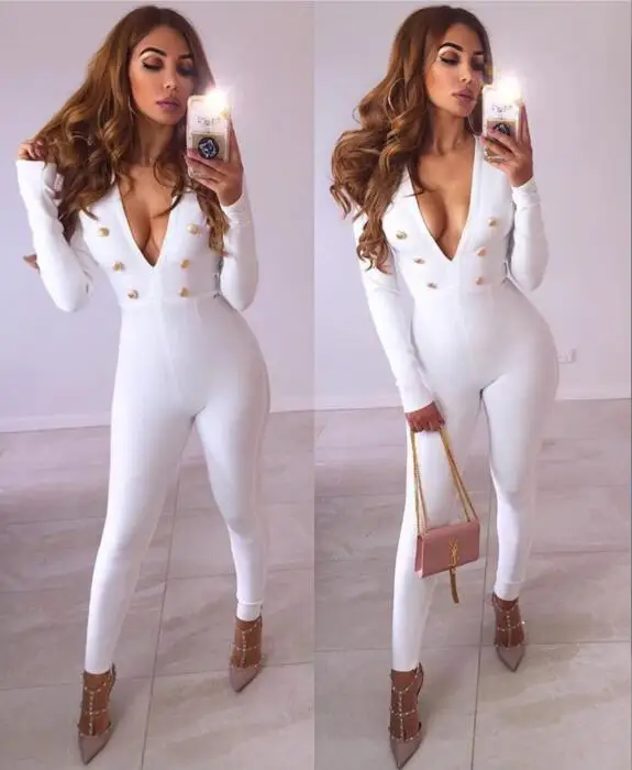 New Women Sexy Long Sleeve V Neck Button White Bandage Jumpsuit 2018 Knitted Bodycon Designer Bandage Jumpsuit