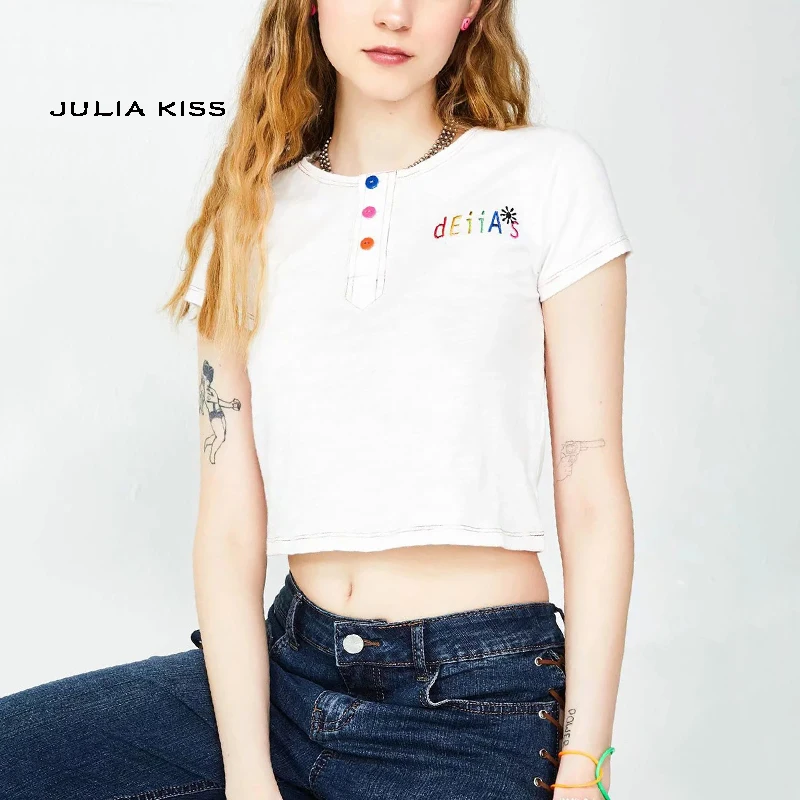 Women Contrast Multicolour Stitching Crop Tee Button Front Short Sleeve Crop Top
Women Contrast Multicolour Stitching Crop Tee Button Front Short Sleeve Crop Top
