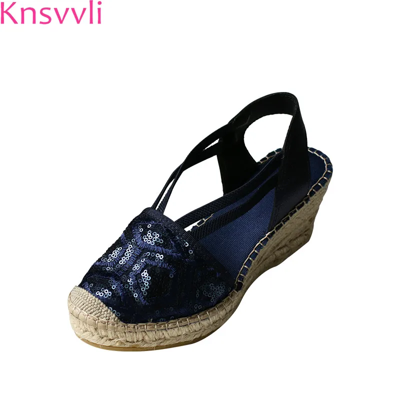 

Knsvvli navy blue sequins straw weaving wedge high heels sandals women round toe hemp rope summer platform sandalias mujer