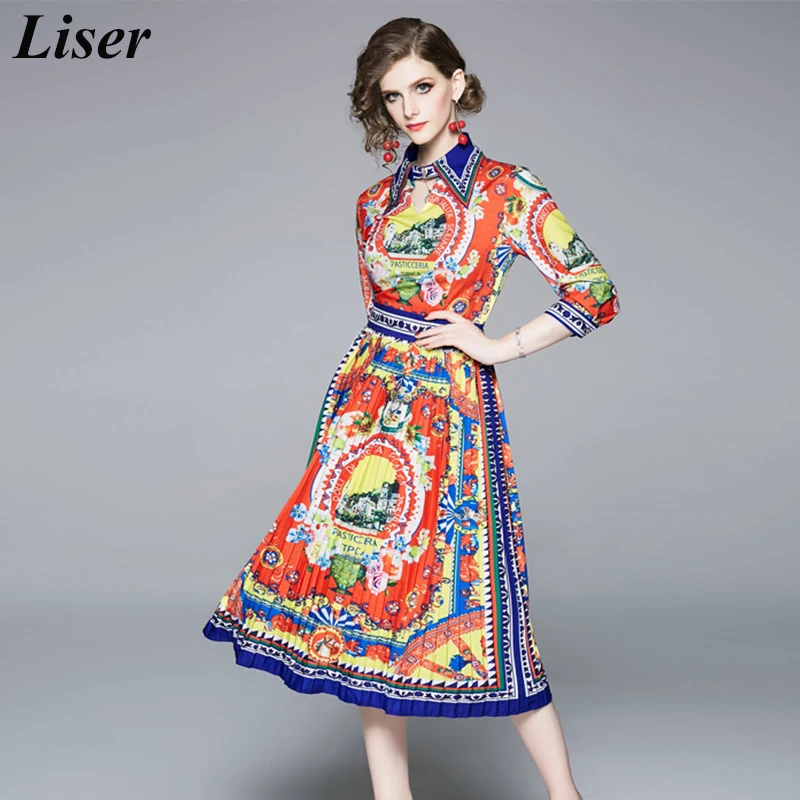 LISER New 2019 Designer Runway Dress 3/4 Sleeve Mid-Calf Dress Women's Turn Down Collar Hit Color Print Vintage Dress Vestidos
LISER New 2019 Designer Runway Dress 3/4 Sleeve Mid-Calf Dress Women's Turn Down Collar Hit Color Print Vintage Dress Vestidos
