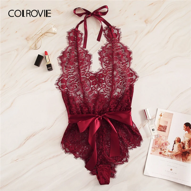 

COLROVIE Burgundy Solid Floral Lace Halter Lingerie Teddy Bodysuit Women 2019 Sexy Nightwear Pajama Set Wireless Sleepwear