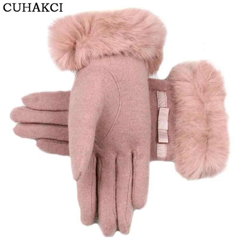 Image Women Wrist Warm Woolen Mittens Female Luvas Genuine Rabbit Fur Gloves Cashmere Winter Girls Elegant Glove For Lady Bowknot G040