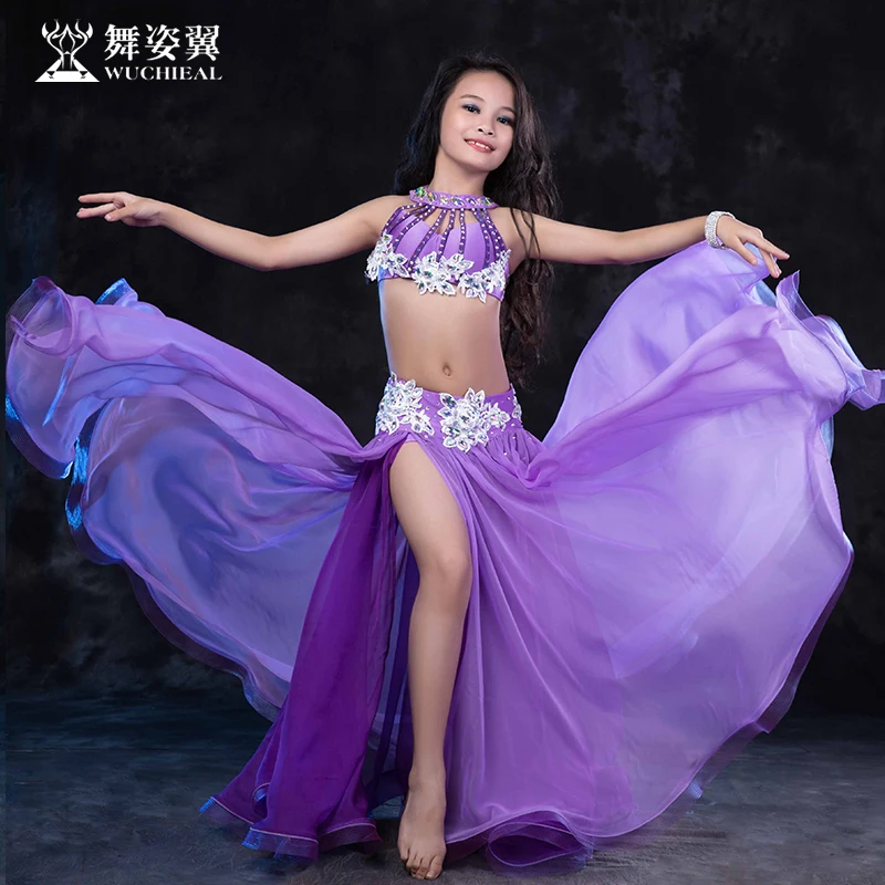Rhinestone Beading Sleeveless Long Placketing Skirt Belly dance 2pcs set for little girl/children costume performance wear RT162 |
