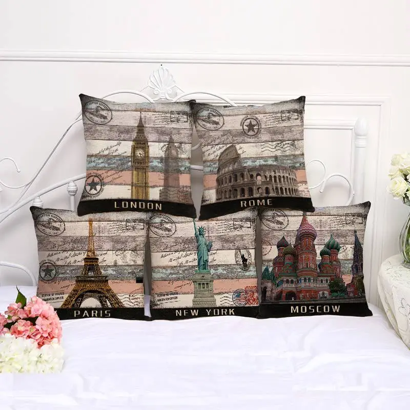 

Vintage London Paris Moscow Rome Building Cushion Cover Cotton Linen Decorative Pillowcase Chair Seat 45x45cm Pillow Cover L1002