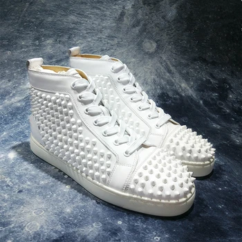 

New Design White Genuine Leather Spikes Studded Shoes High-end Stars Rivet Loafers Men Casual Shoes Lace Up Shoes Zapatos Hombre