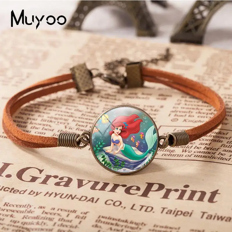 

2018 New The Little Mermaid Leather Bracelet Glass Dome Cabochon Photo Bracelets Round Hand Craft Jewelry