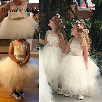 

Tulle Cheap Flower Girls Dresses Children Jewel Sheer Neckline Sash Beads Sequins First Communion Dress Kids Birthday Gown