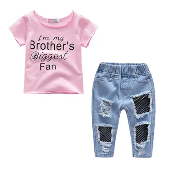 Summer Cotton T-shirt+Hole Jeans Girls Clothing Sets Fashion Kids Pink Shirt+Ripped Pants Clohtes Suit 12M 24M 3,4,5 Years old
Summer Cotton T-shirt+Hole Jeans Girls Clothing Sets Fashion Kids Pink Shirt+Ripped Pants Clohtes Suit 12M 24M 3,4,5 Years old
