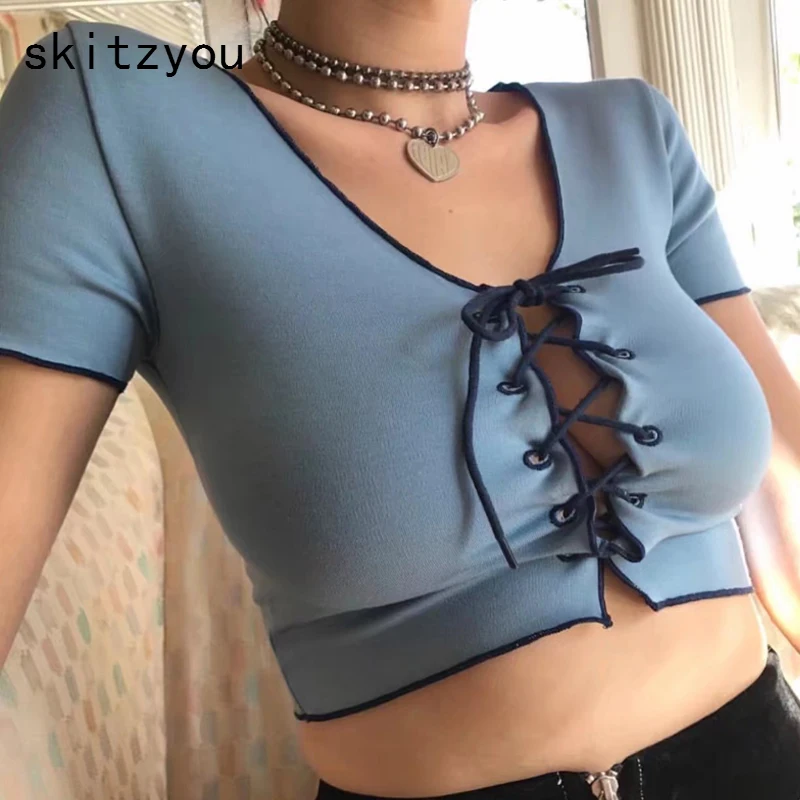 skitzyou Summer T Shirts Women Sexy V Neck Short Sleeve Blue Slim Short Crop Tops Lace Up High Street Casual Female Top Tees
skitzyou Summer T Shirts Women Sexy V Neck Short Sleeve Blue Slim Short Crop Tops Lace Up High Street Casual Female Top Tees