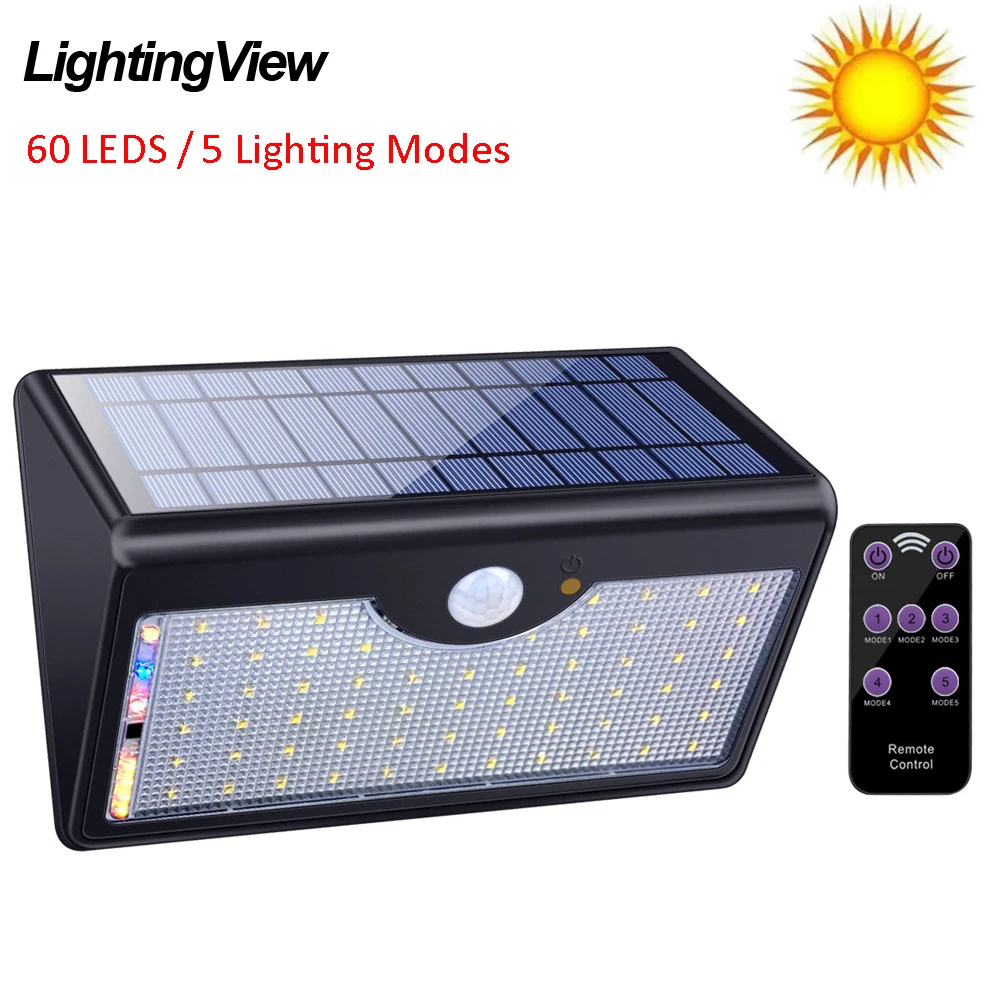 Lightingview 60 LED 5 Modes Waterproof Solar LED Light Remote Control Infrared PIR Motion Sensor Street Wall Light
Lightingview 60 LED 5 Modes Waterproof Solar LED Light Remote Control Infrared PIR Motion Sensor Street Wall Light
