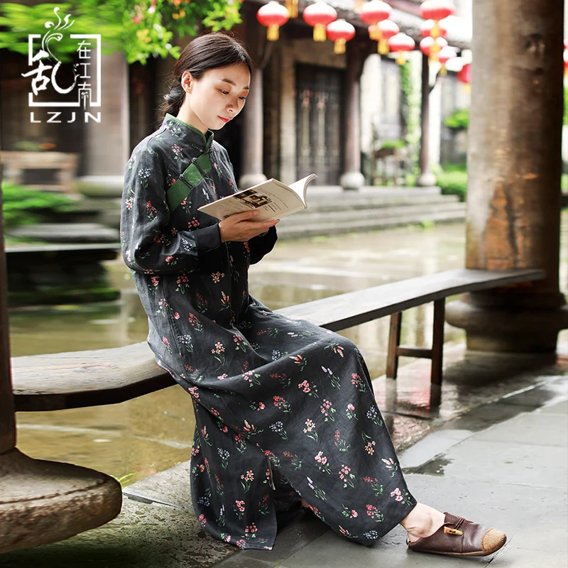 

LZJN Long Sleeve Linen Dress 2019 Autumn Vintage Robe Femme Stand Collar Traditional Chinese Cheongsam Dress Oriental Qipao