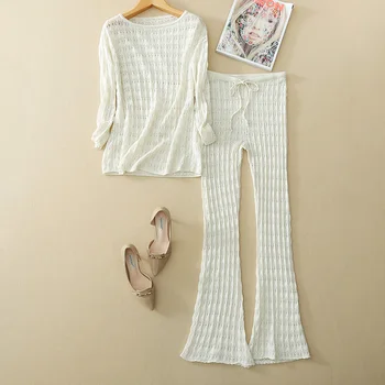 Knitted Suits Women Two Pieces Set 100% Cashmere Knitted Hollow Out Design Slash Neck Full Length Pants New Elegant Style 2018
Knitted Suits Women Two Pieces Set 100% Cashmere Knitted Hollow Out Design Slash Neck Full Length Pants New Elegant Style 2018