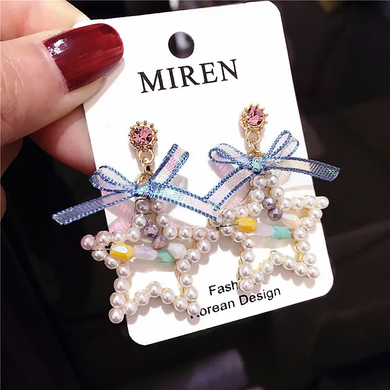 Five-point star ribbon pearl earrings, students, allergy does not fade earrings, fashion jewelry accessories wholesale,TF254
Five-point star ribbon pearl earrings, students, allergy does not fade earrings, fashion jewelry accessories wholesale,TF254