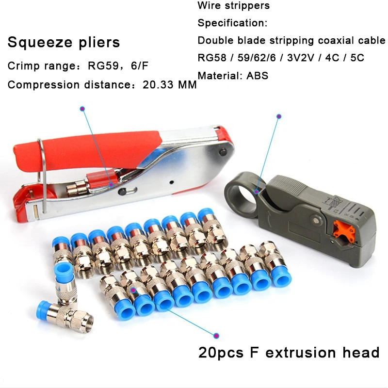 Coaxial Cable Wire Stripper Rg6/Rg59 Compression F Connector Tool Crimping Pliers Wire Stripping Pliers Kit
Coaxial Cable Wire Stripper Rg6/Rg59 Compression F Connector Tool Crimping Pliers Wire Stripping Pliers Kit