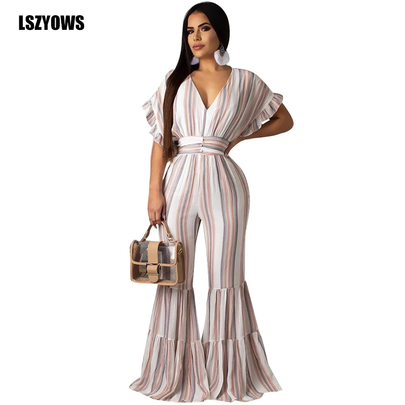 Elegant Striped Ruffle Jumpsuit 2019 Women Short Sleeve V-Neck Backless High Waist Long Rompers Wide Leg Jumpsuit Party Overalls
Elegant Striped Ruffle Jumpsuit 2019 Women Short Sleeve V-Neck Backless High Waist Long Rompers Wide Leg Jumpsuit Party Overalls
