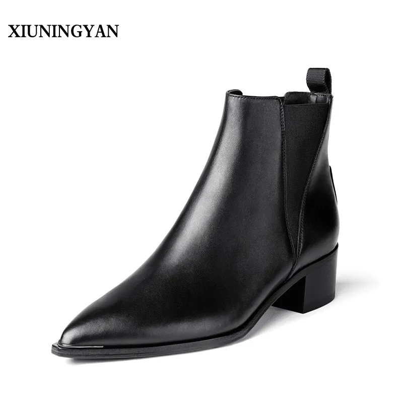 

XIUNINGYAN Chelsea Boots Women's Leather Boots Black Large Size Winter Slip on Ankle Boots Bootie Botas Chaussure Bottes Femme