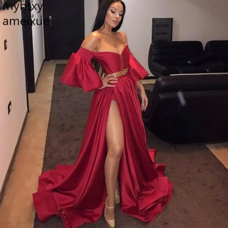 Sexy Side Evening Dresses Glamorous Off Shoulder Long Sleeve Golden Sash Party Dress Stylish Length Celebrity Robe De Soiree
Sexy Side Evening Dresses Glamorous Off Shoulder Long Sleeve Golden Sash Party Dress Stylish Length Celebrity Robe De Soiree