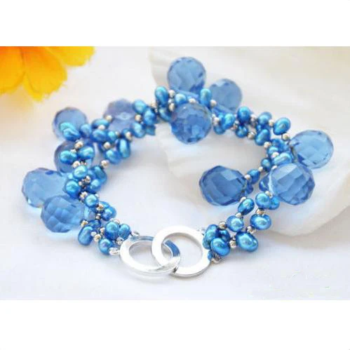 

Charming Luck Pearl Jewellery,3rows 8inches Blue Rice Freshwater Pearl Faceted Drip Crystal Beads Bracelet