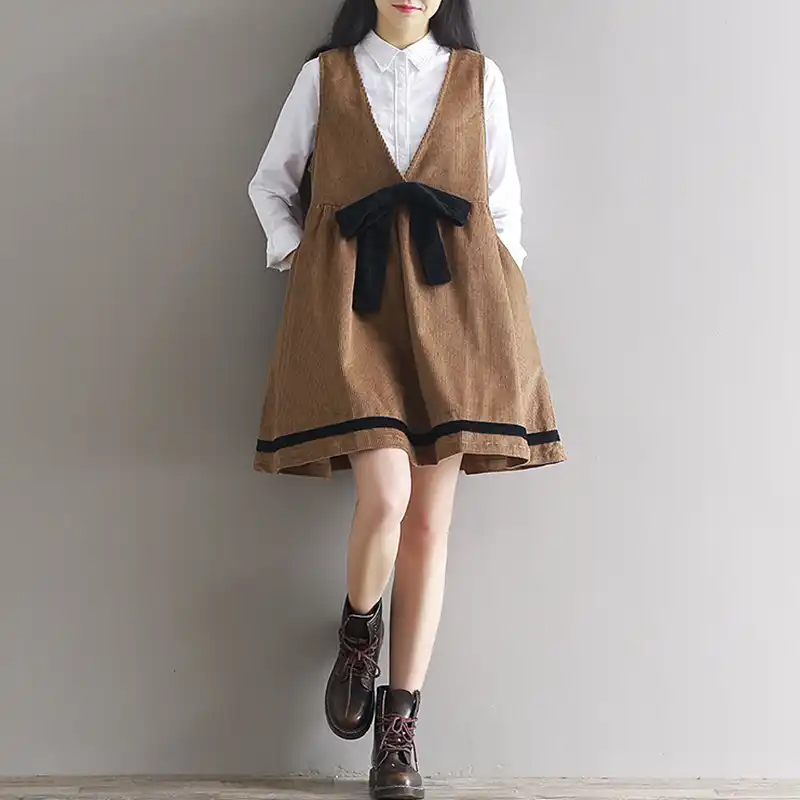 Qiukichonson 女性サスペンダースカートプラスサイズ 18 秋冬 V ネックボウタイかわいいショートコーデュロイスカートハイウエストオーバーオール Gooum