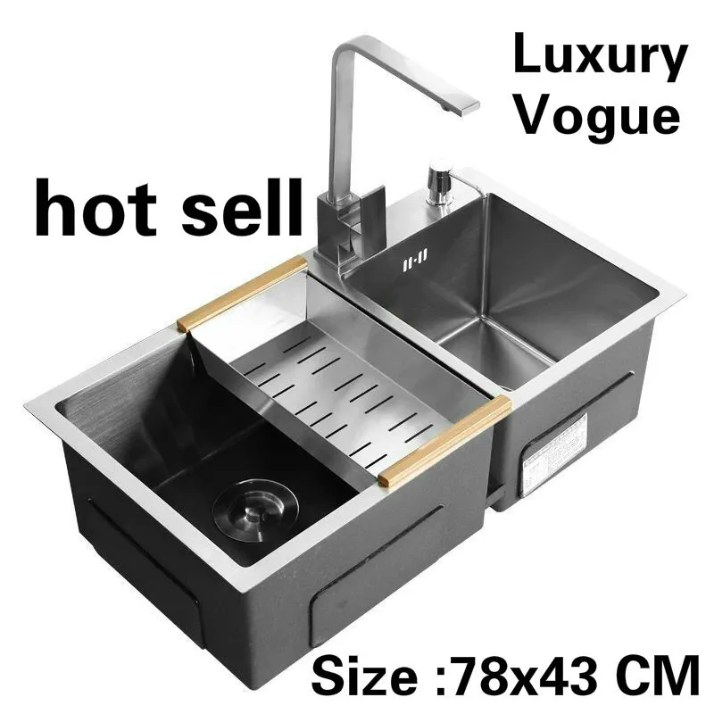 

Free shipping Home vogue wash vegetables 304 stainless steel kitchen manual sink double groove luxury hot sell 78x43 CM