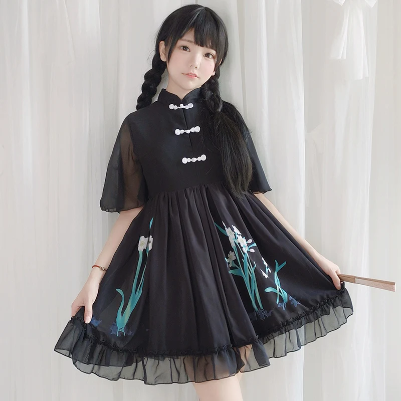 

Chinese style han elements sweet lolita dress printing ruffle sleeve frog victorian dress kawaii girl gothic lolita op loli cos