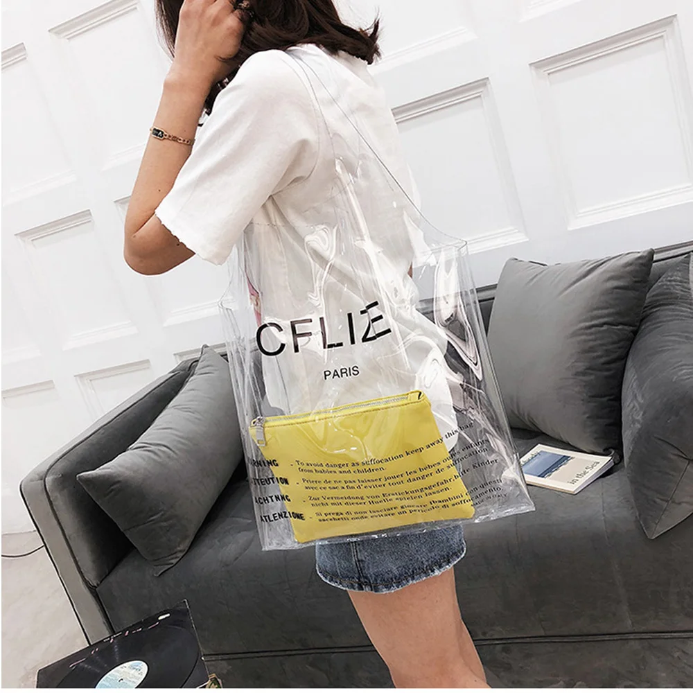 2018 Luxury Brand Logo Clear PVC Women Handbags Transparent Plastic Shoulder Bags Large New Fashion Beach Bags 2PCS wholesale
2018 Luxury Brand Logo Clear PVC Women Handbags Transparent Plastic Shoulder Bags Large New Fashion Beach Bags 2PCS wholesale