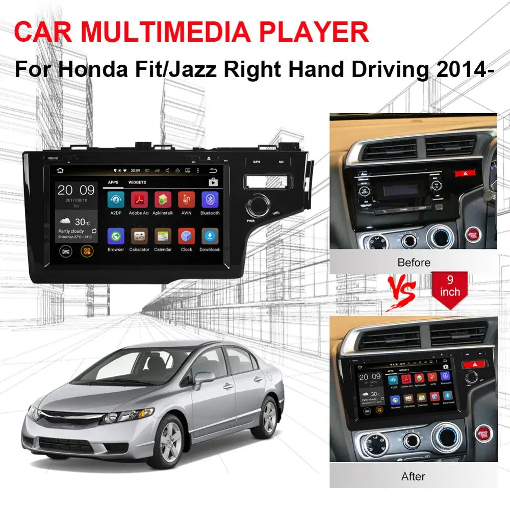 Sale 4GB Android 9.0 Octa Core Car GPS Navigation For Honda Fit/Jazz Right Hand Driving 2014-2019 Radio Stereo DVD Multimedia Player 2