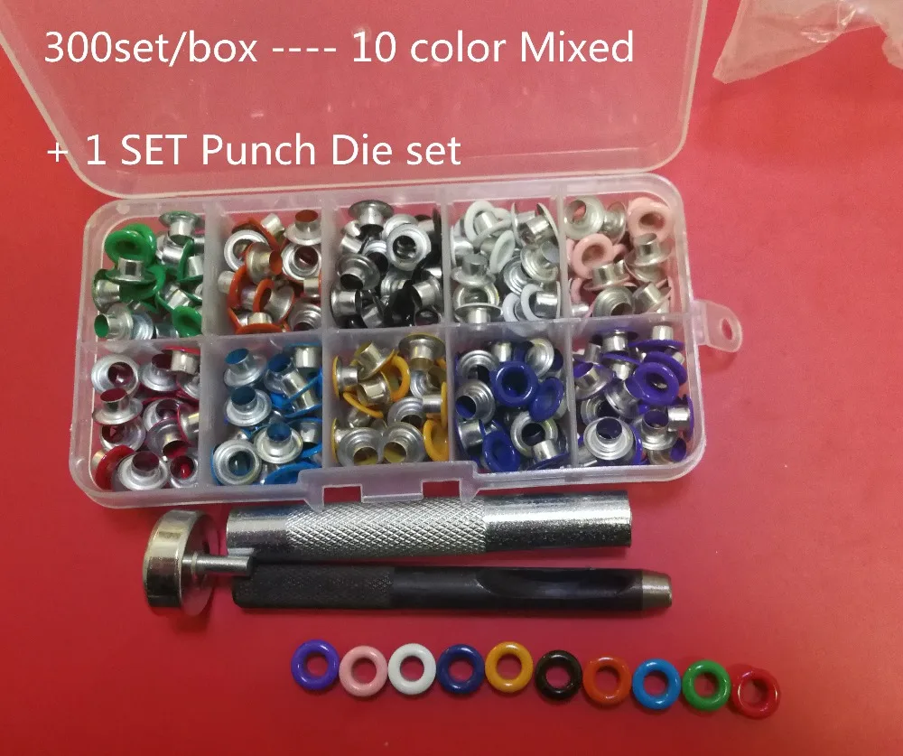 300set/box Multicolor White Black eyelet and Eyelet Punch Die Tool Set for Leather Craft Clothing Grommet Banner 4mm 5mm 6mm
300set/box Multicolor White Black eyelet and Eyelet Punch Die Tool Set for Leather Craft Clothing Grommet Banner 4mm 5mm 6mm