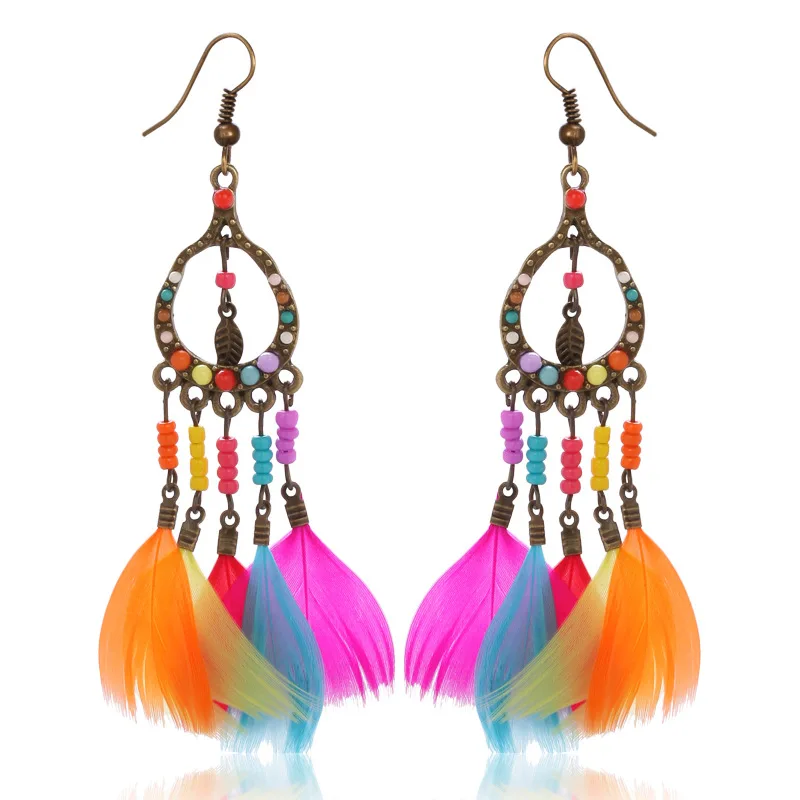 Bohemian Dangle Earrings Drop Ostrich Feather for women Statement Tassel Earring 2018 Summer Beach Jewelry HY-6828 | Украшения и