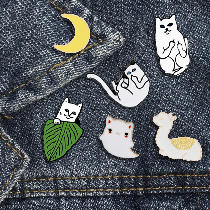 

Cute Sheep Cat Elf Enamel Pins Moon Brooch Badge Backpack Jeans lapel pin For Women Friends Animal White Cat Alpaca Jewelry Gift