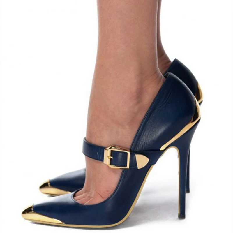 Военно-морской флот и золотистые кожаные женские туфли на высоких каблуках с