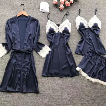 Women Faux Silk Lace 4 Piece Pajamas Set Shirt Shorts Sling Sleeveless Summer Robe Sleepwear With Chest Pad
Women Faux Silk Lace 4 Piece Pajamas Set Shirt Shorts Sling Sleeveless Summer Robe Sleepwear With Chest Pad