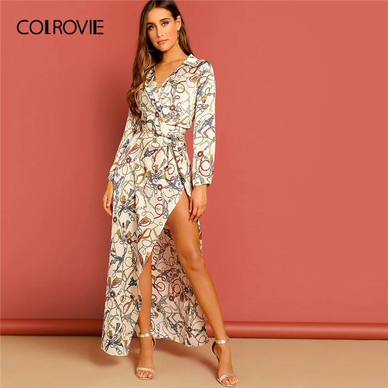 COLROVIE V Neck Chain Print Twist Wrap Split Asymmetrical Elegant Dress Women 2019 Spring Fashion High Waist Maxi Party Dress
COLROVIE V Neck Chain Print Twist Wrap Split Asymmetrical Elegant Dress Women 2019 Spring Fashion High Waist Maxi Party Dress