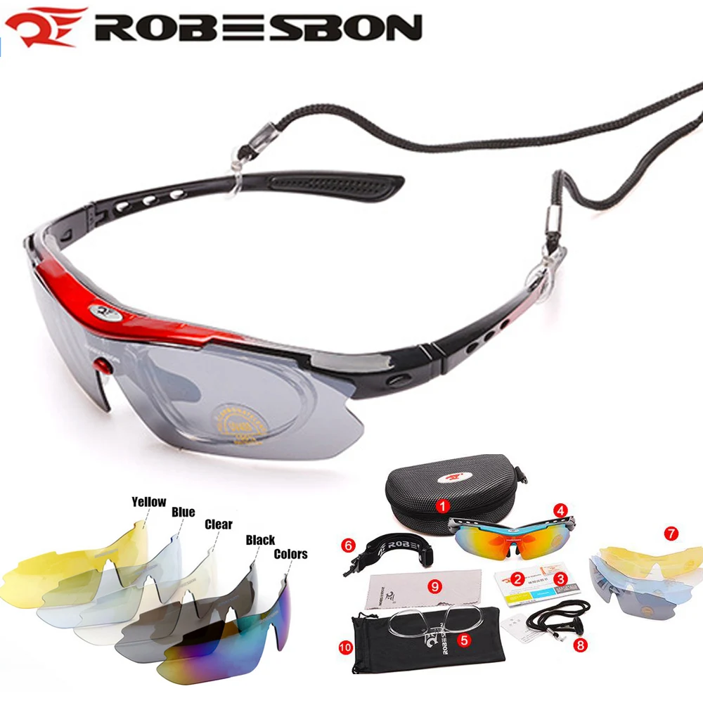 

ROBESBON buy one get 5pcs lenses Cycling Sunglasses Sports Riding Night Vision Glasses Bicycle Bike MTB Road UV400 myopia strap