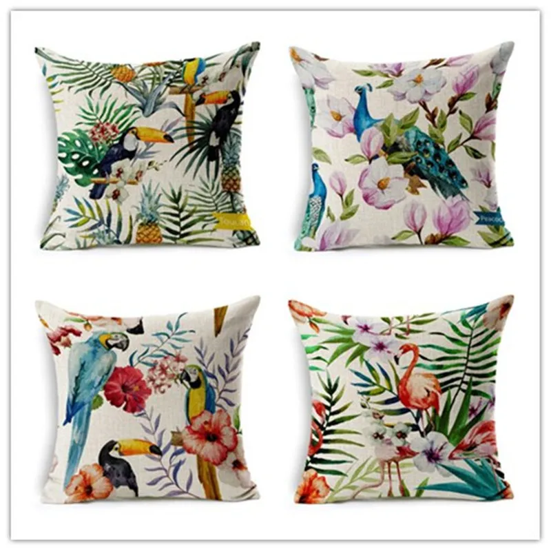 

Vintage Home Decorative Pillow High Quality Linen Cotton Flamingo Parrot Pillowcase Lily Flowers Birds couch Cushion 45x45cm QL1