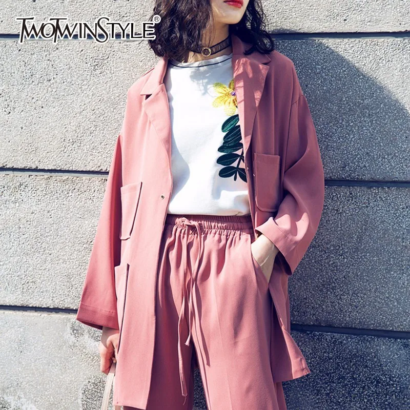 TWOTWINSTYLE Pink Pant Suit Women Lapel Collar Patchwork Pocket Long Sleeve Coat With Lace Up Long Wide Leg Pants 2019 Spring Ol
TWOTWINSTYLE Pink Pant Suit Women Lapel Collar Patchwork Pocket Long Sleeve Coat With Lace Up Long Wide Leg Pants 2019 Spring Ol