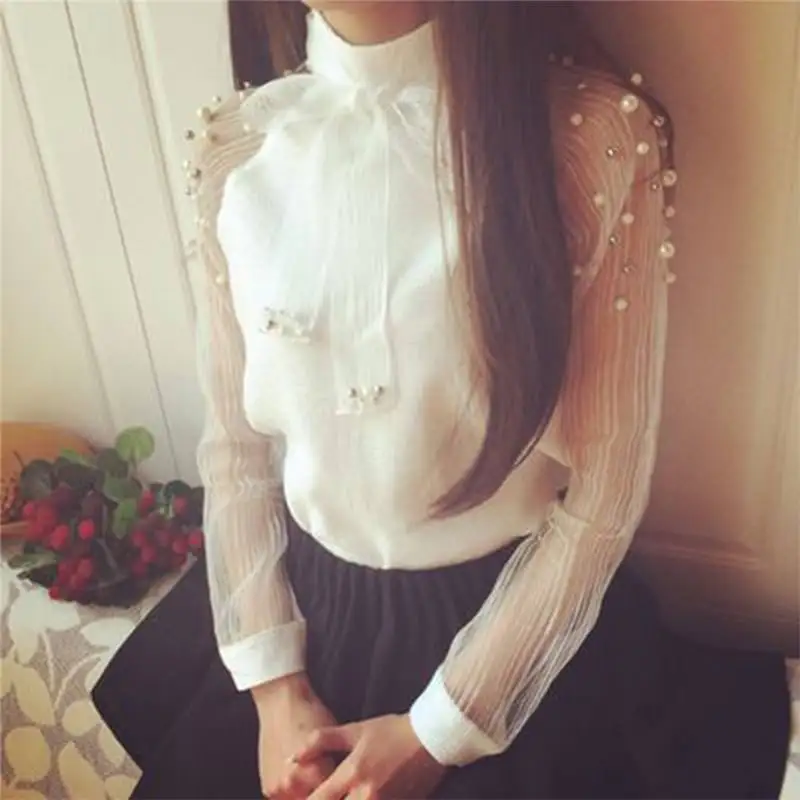 Women Spring Elegant Organza Blouses Ladies White Bow Tie Shirts Girls Pearl Decoration Blouse Female Casual Chiffon Tops Blusas
Women Spring Elegant Organza Blouses Ladies White Bow Tie Shirts Girls Pearl Decoration Blouse Female Casual Chiffon Tops Blusas
